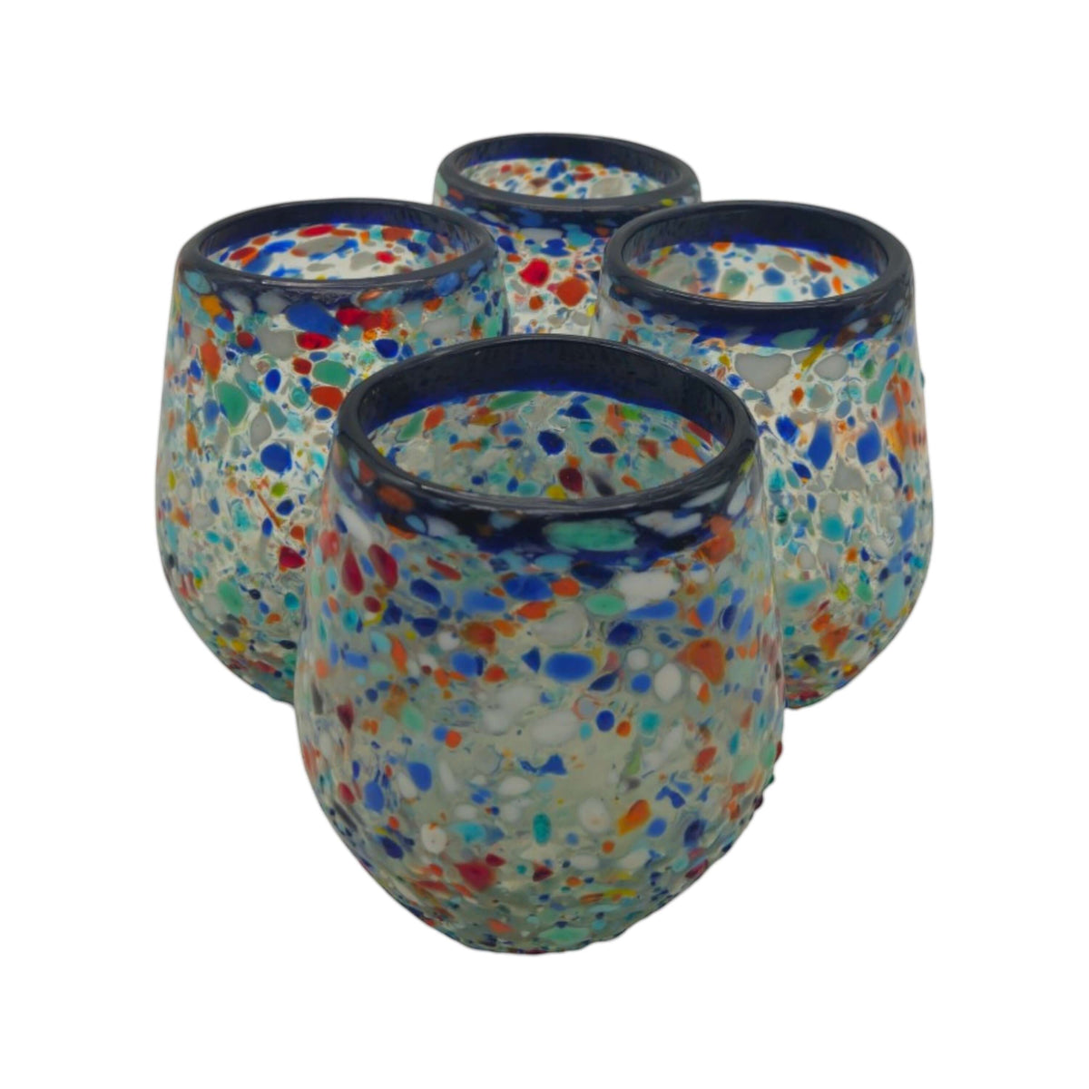 Blue Rim Confetti Wine Glass | Hand-Blown Mexican Stemless Cup