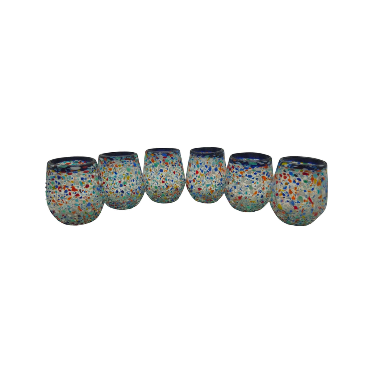 Blue Rim Confetti Wine Glass | Hand-Blown Mexican Stemless Cup
