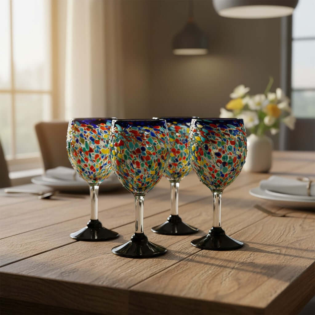 Hand Blown Mexican Wine Glasses | Blue Rim Confetti Design