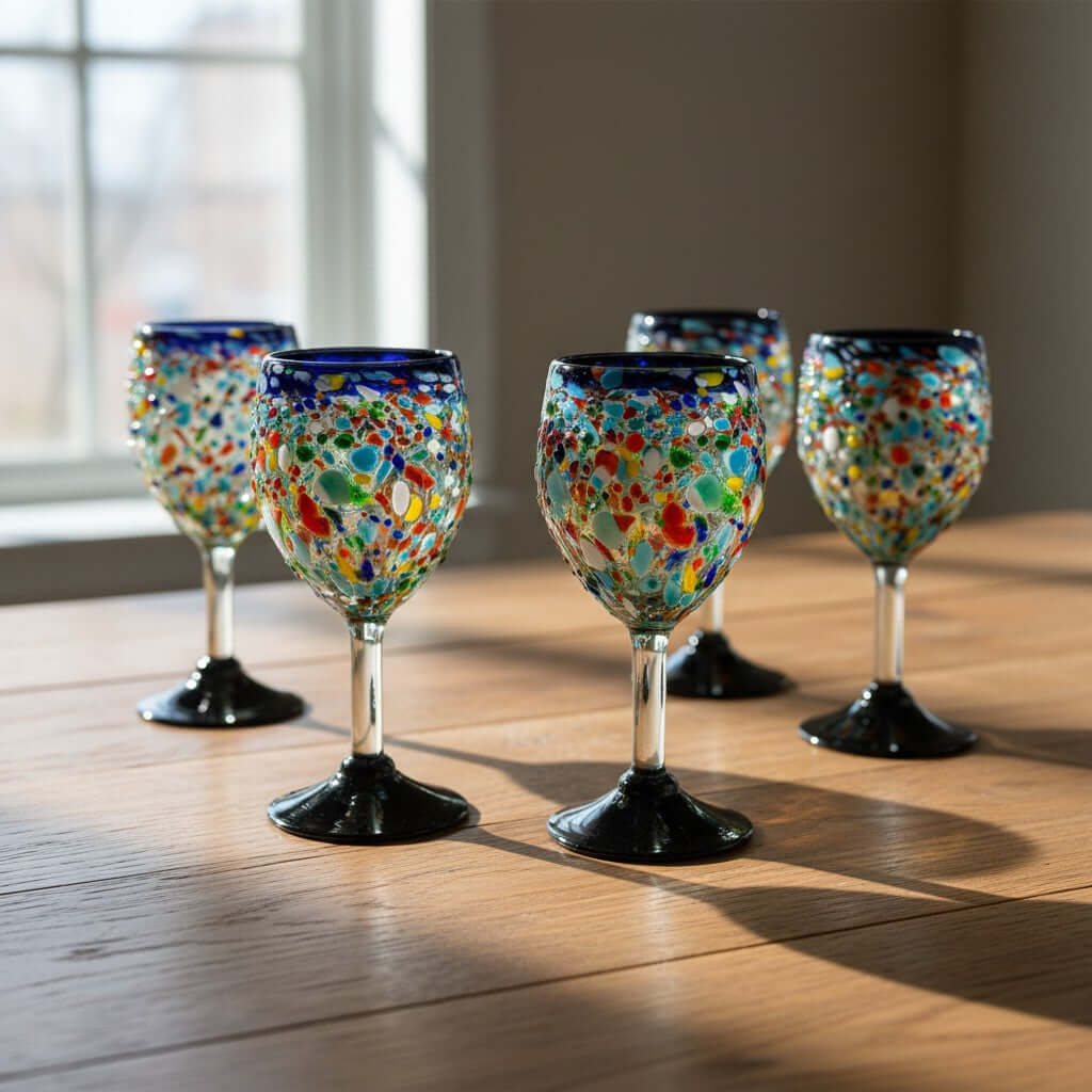 Hand Blown Mexican Wine Glasses | Blue Rim Confetti Design