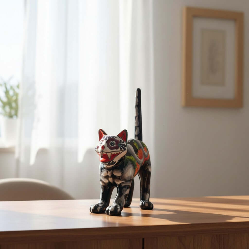 Handmade Talavera Arched Cat Statue | Day of the Dead Ceramic Cat Art