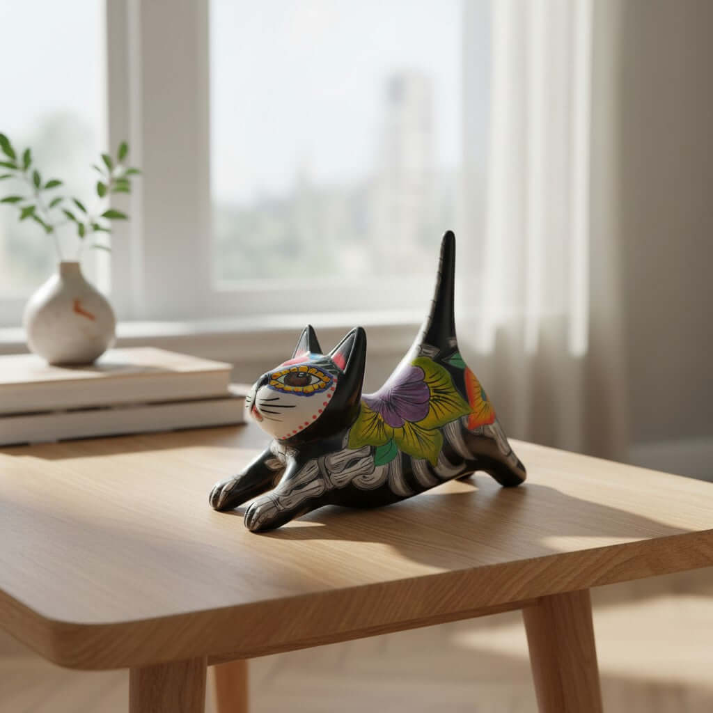 Hand-Painted Talavera Stretching Cat Statue | Day of the Dead Mexican Decor