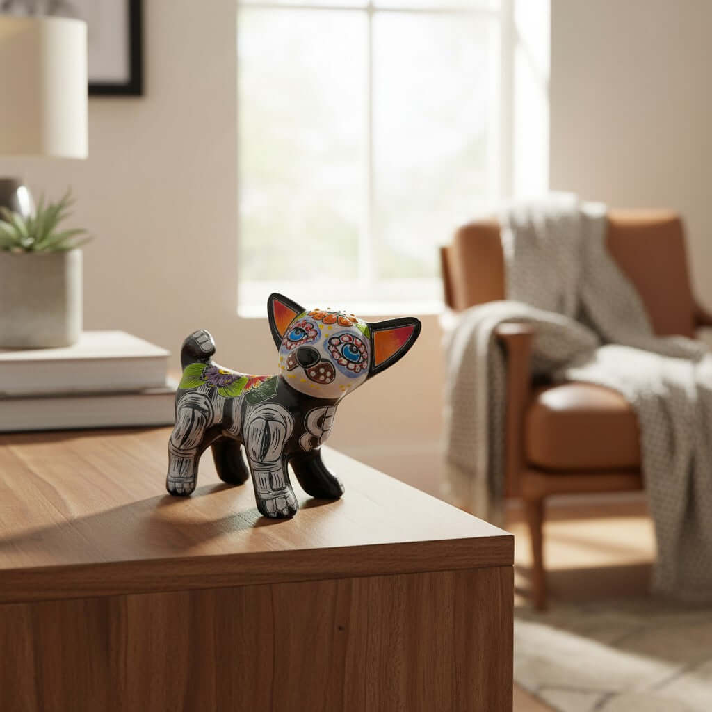 Talavera Chihuahua Figurine | Hand-Painted Day of the Dead Art