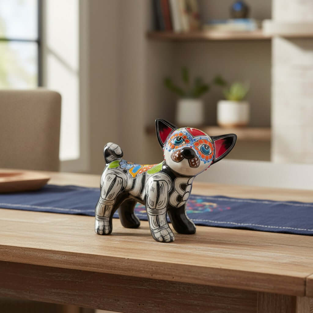 Talavera Chihuahua Figurine | Hand-Painted Day of the Dead Art