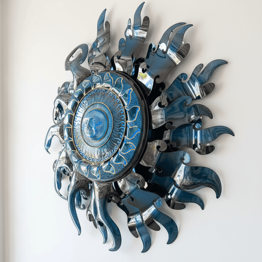 Giant Sun Wall Art with Light Fixture | Handmade Mexican Metalwork