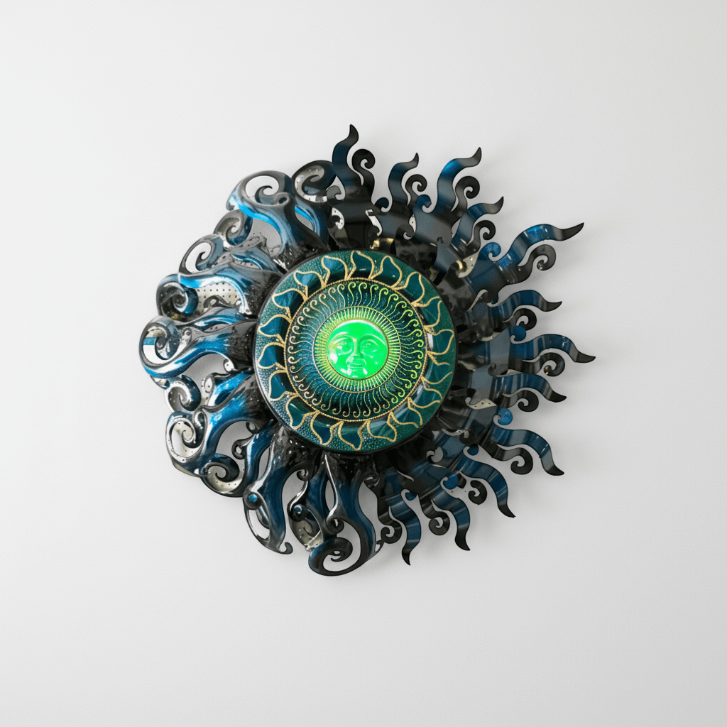 Giant Sun Wall Art with Light Fixture | Handmade Mexican Metalwork