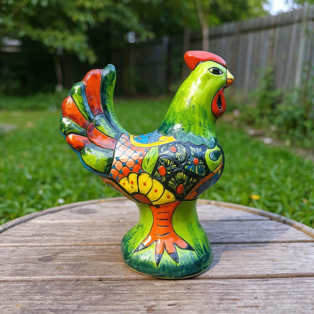 Colorful Handcrafted Talavera Rooster Statue | Mexican Folk Art Chicken Decor