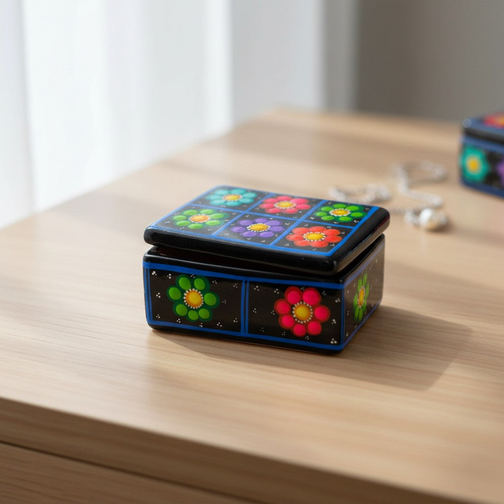 Colorful Hand-Painted Guerrero Jewelry Box | Mexican Ceramic Earring Holder