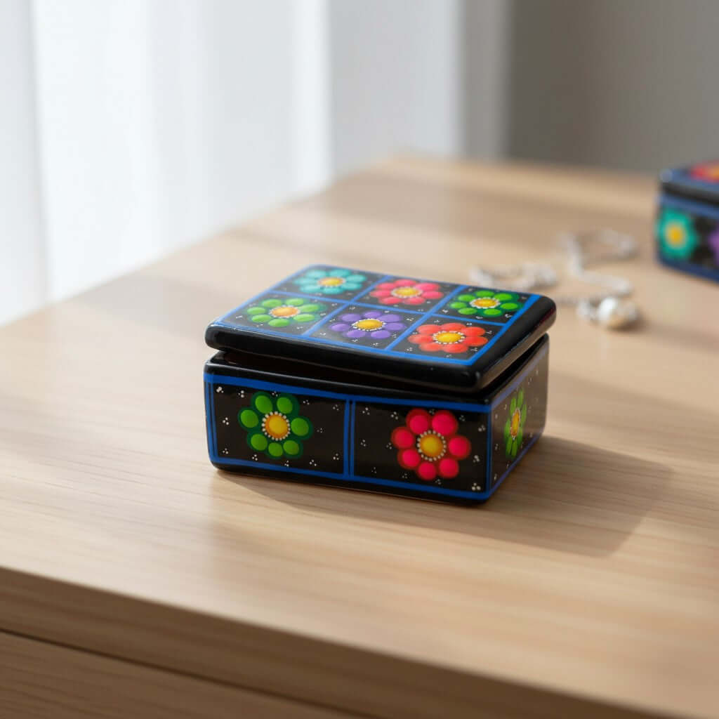 Colorful Hand-Painted Guerrero Jewelry Box | Mexican Ceramic Earring Holder