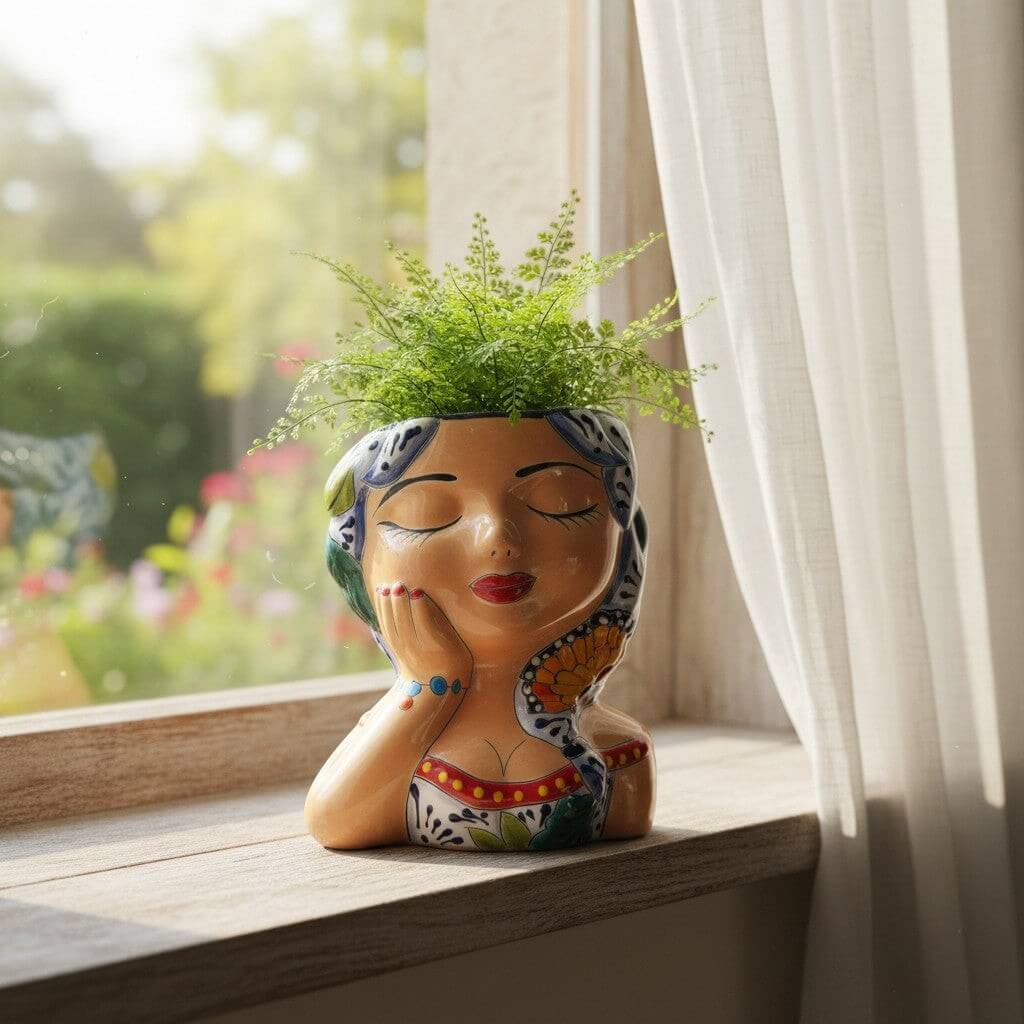 Hand-Painted Talavera Ceramic Lady Planter | Mexican Artwork Décor