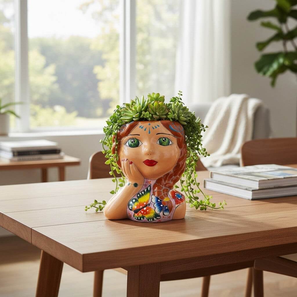 Hand-Painted Talavera Ceramic Lady Planter | Mexican Artwork Décor