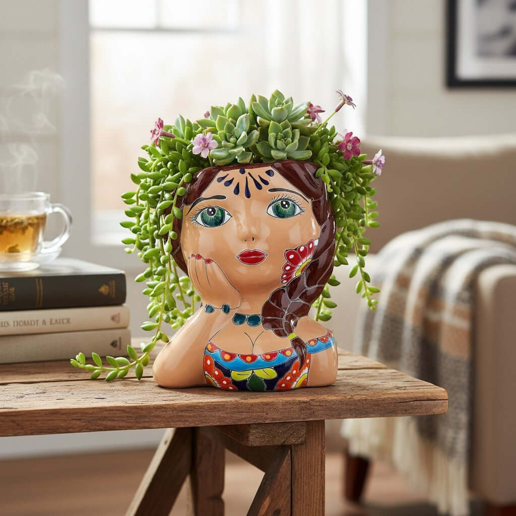 Hand-Painted Talavera Ceramic Lady Planter | Mexican Artwork Décor