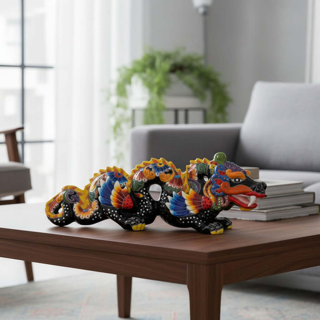 Handmade Talavera Dragon Statue | Vibrant Mexican Cultural Art
