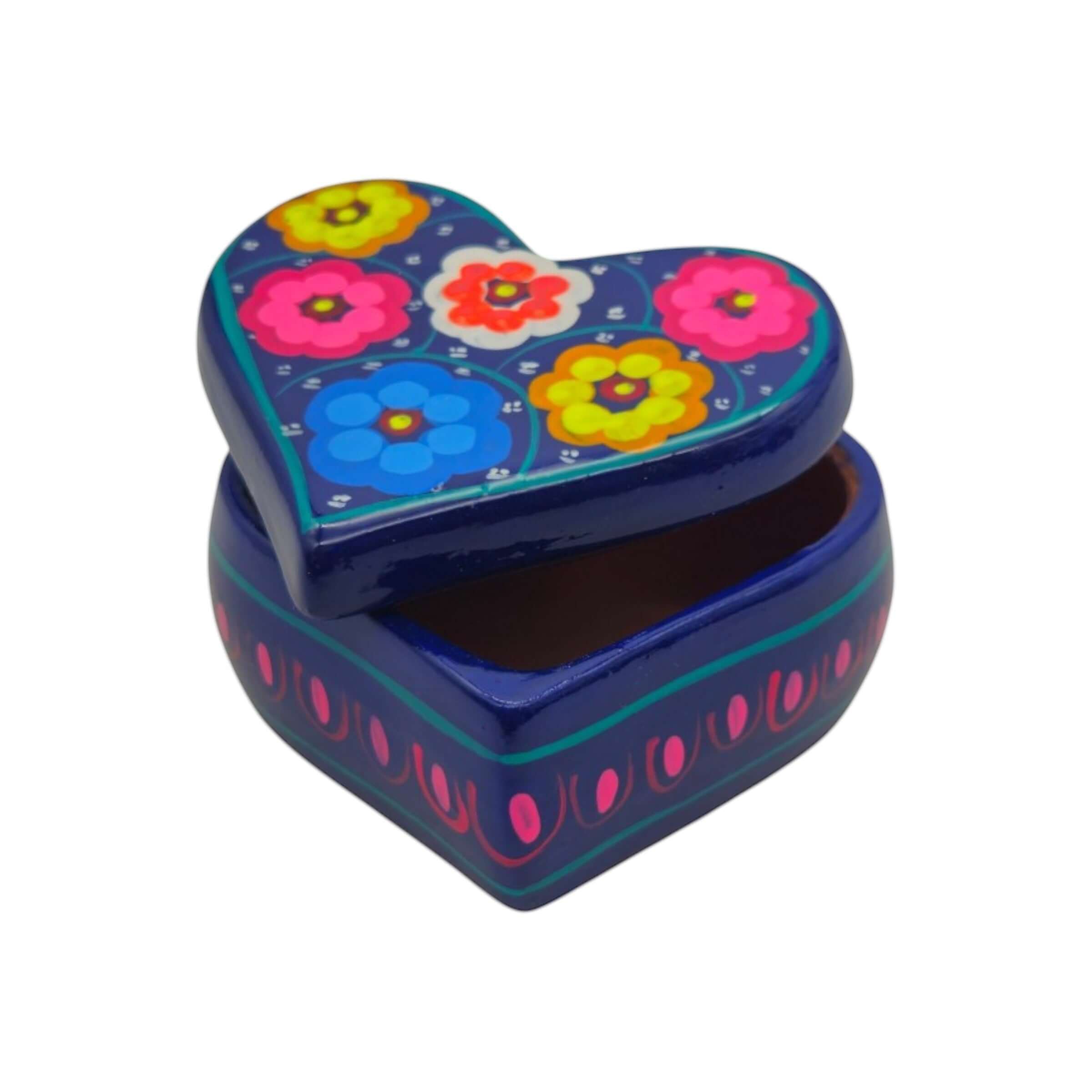 Hand-Painted Guerrero Heart-Shaped Jewelry Box | Mexican Ceramic Earring Holder