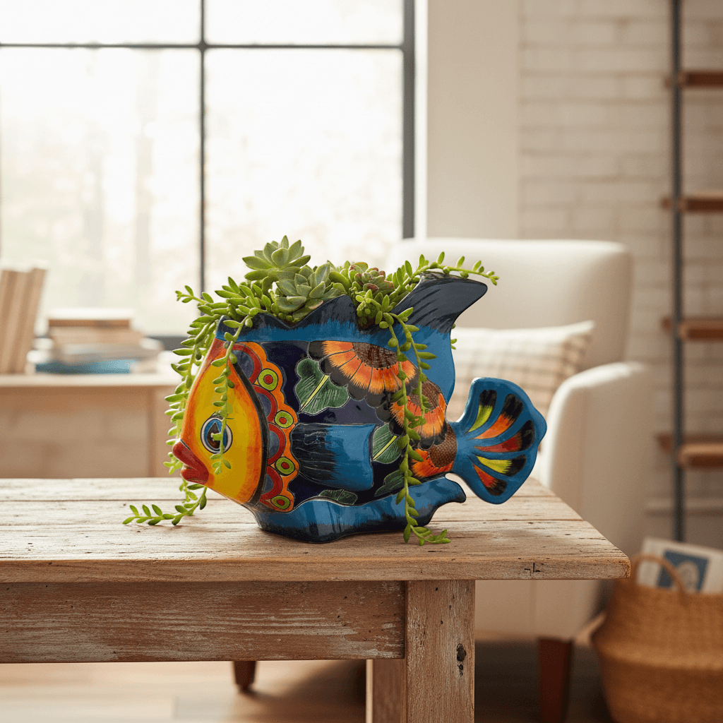 Large Talavera Fish Planter | Hand-Painted Mexican Statue Pottery
