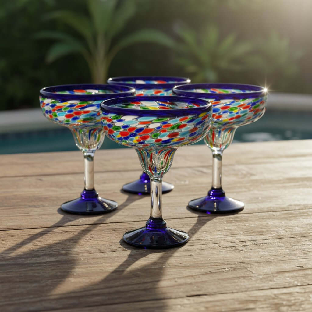 Mexican Hand-Blown Margarita Glass | Blue Confetti Rock Design