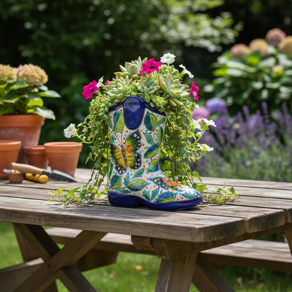 Hand-Painted Talavera Mexican Boot Flower Pot | Colorful Small Talavera Planter