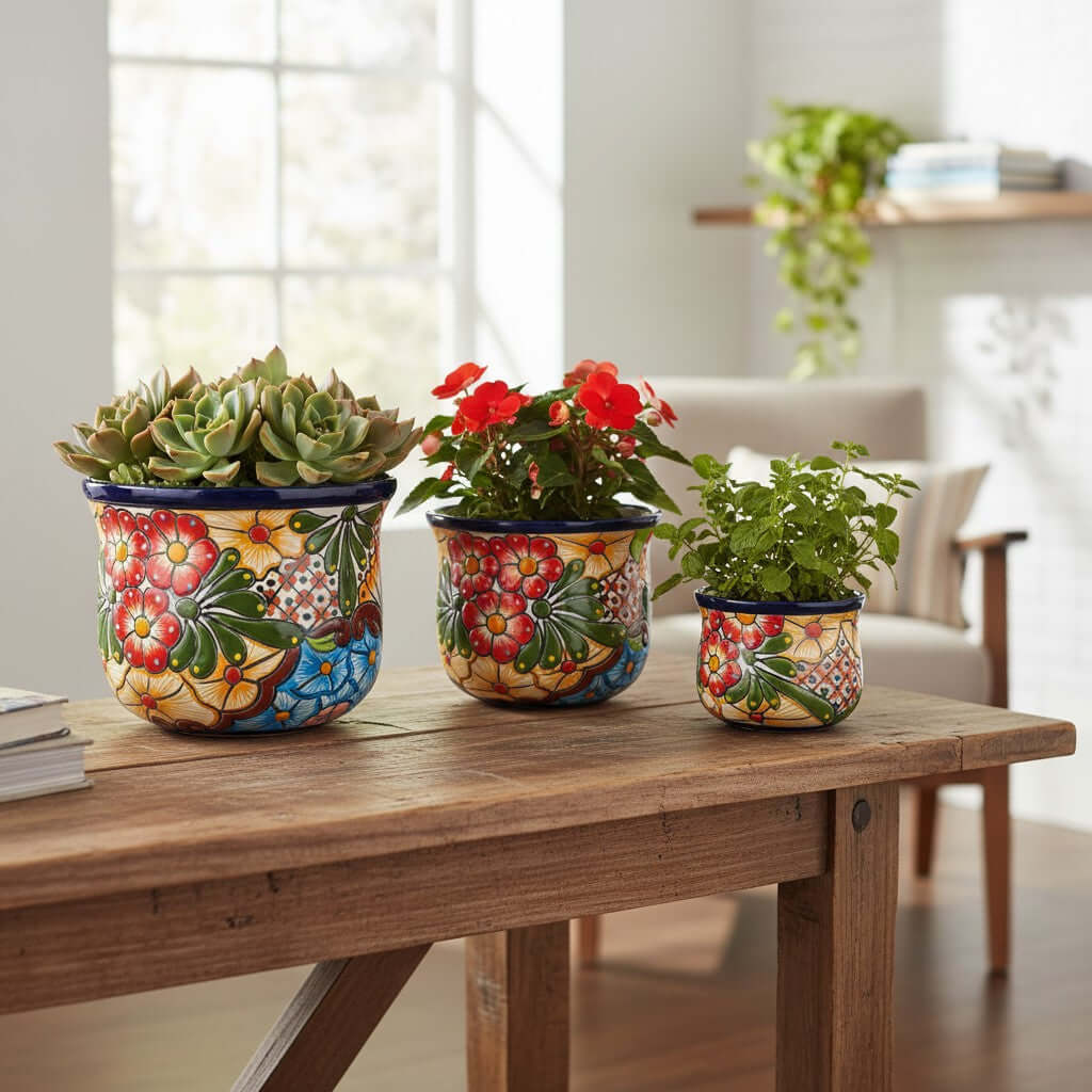 Set of 3 Talavera Flower Pots | Colorful Hand-Painted Mexican Planters