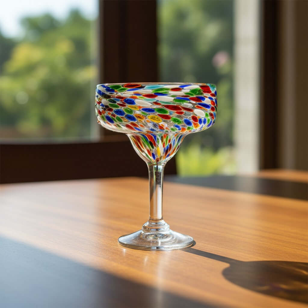 Hand Blown Mexican Margarita Glass | Colorful Pebbled Confetti Design