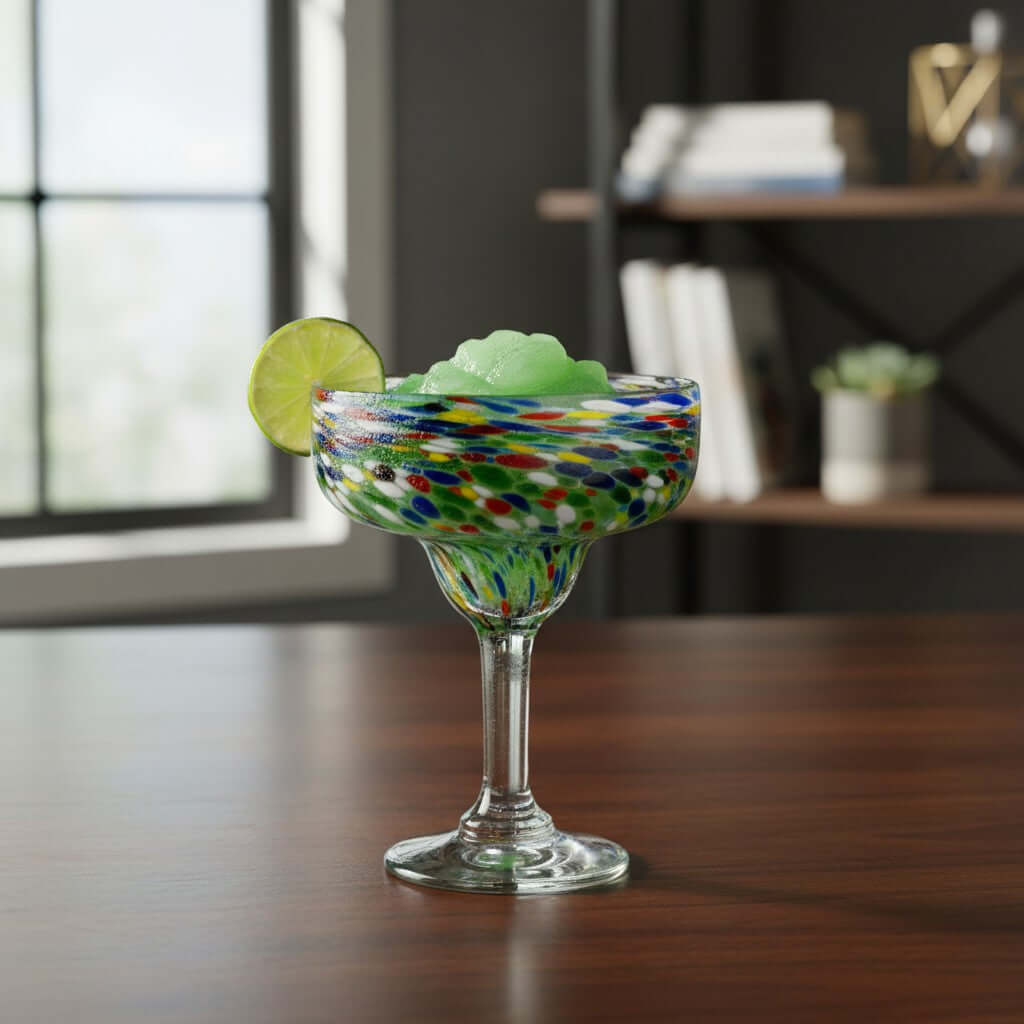 Hand Blown Mexican Margarita Glass | Colorful Pebbled Confetti Design