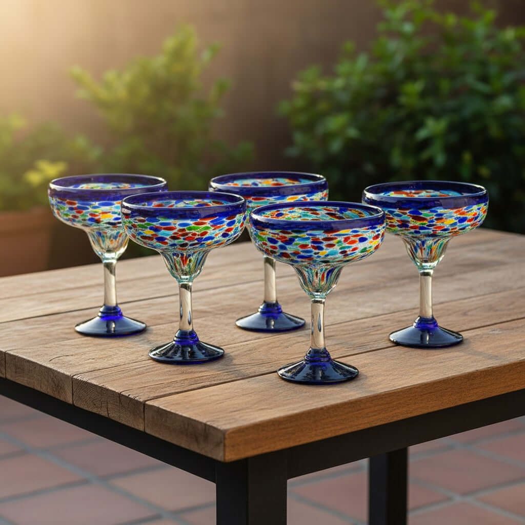Mexican Hand-Blown Margarita Glass | Blue Confetti Rock Design