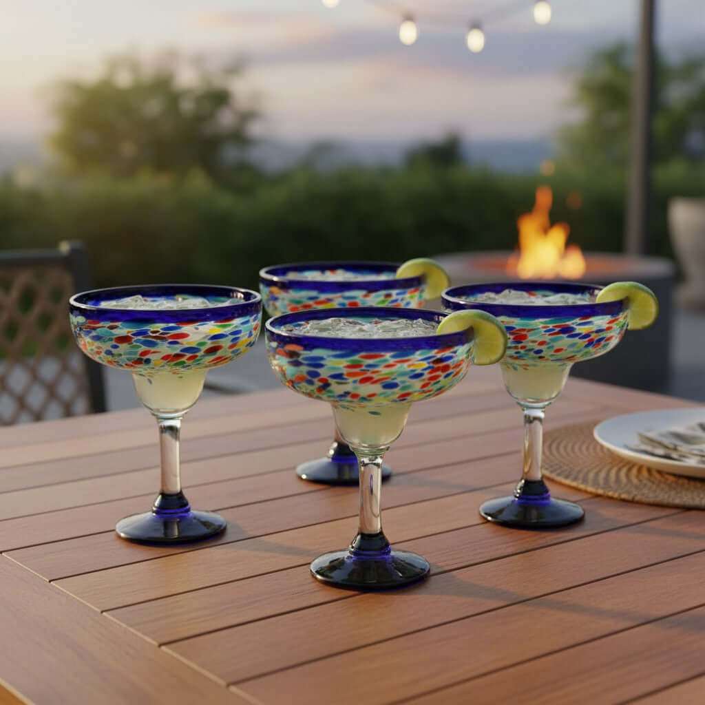 Mexican Hand-Blown Margarita Glass | Blue Confetti Rock Design