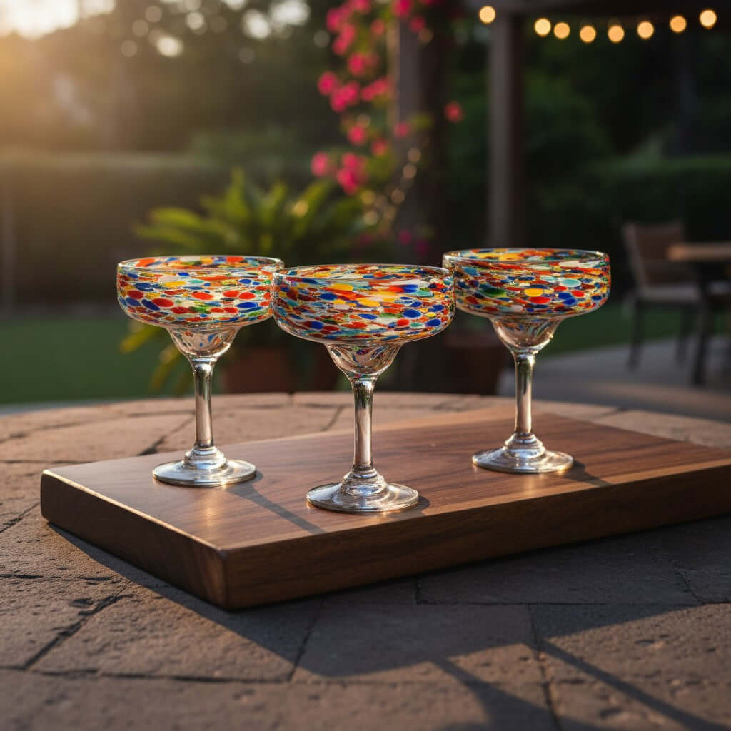 Hand Blown Mexican Margarita Glass | Colorful Pebbled Confetti Design