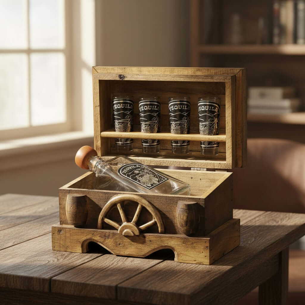 Mexican Shot Glass & Decanter Set | Rustic Wood Chest