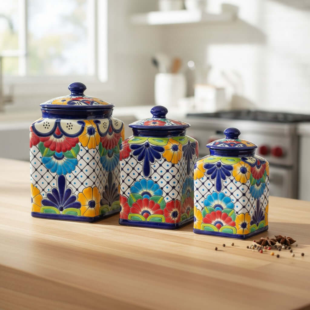 Blue Rim Talavera Canister Set | Multicolor Mexican Pottery Jars