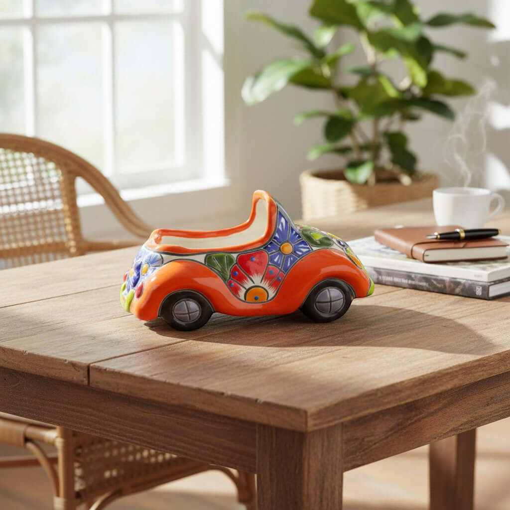 Colorful Hand-Painted Talavera Car Planter | Small Ceramic Car Statue