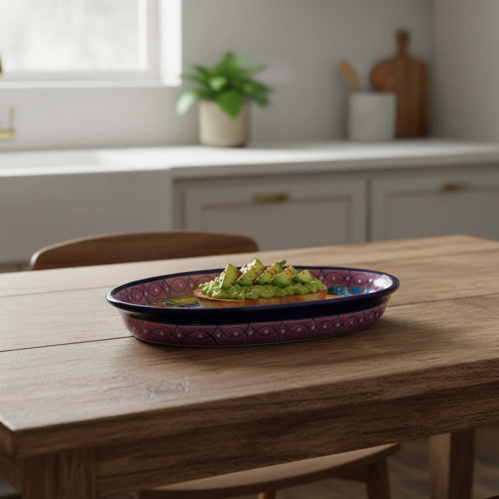 Talavera Oval Serving Platter | Cobalt-Blue Rim Kitchenware