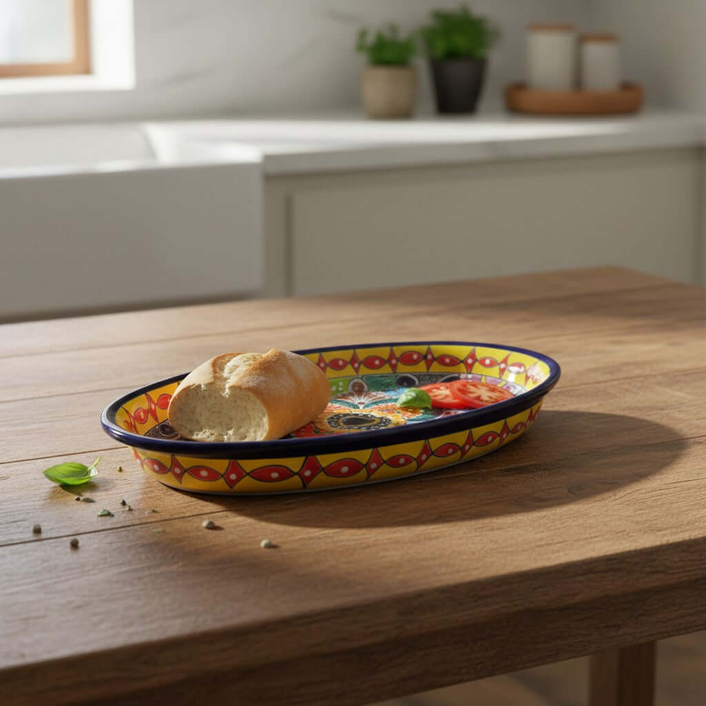 Talavera Oval Serving Platter | Cobalt-Blue Rim Kitchenware