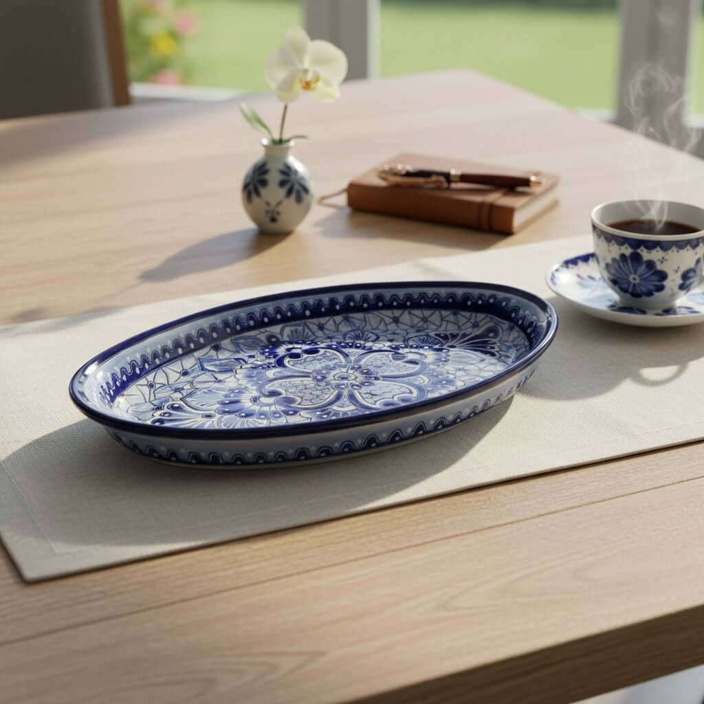 Talavera Oval Serving Platter | Blue & White Mexican Kitchenware