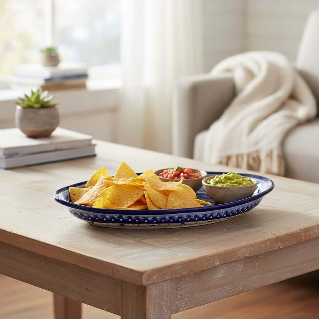 Talavera Oval Serving Platter | Blue & White Mexican Kitchenware