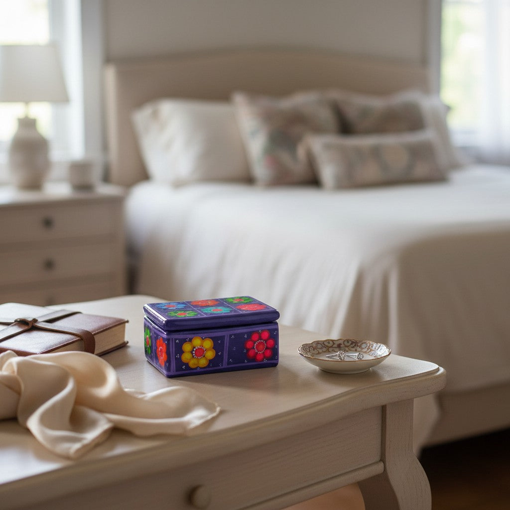Colorful Hand-Painted Guerrero Jewelry Box | Mexican Ceramic Earring Holder