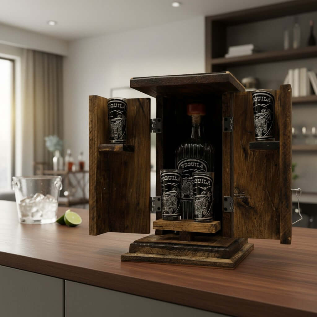 Handmade Shot Glass & Decanter Set | Mexican Rustic Wood Box