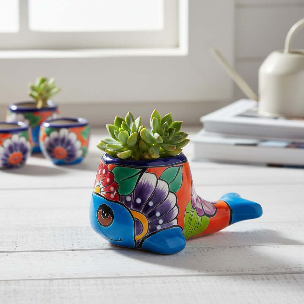 Talavera Whale Planter | Colorful Small Mexican Animal Pot
