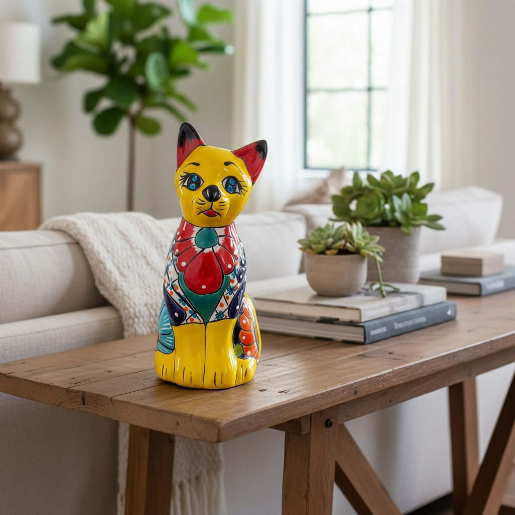 Colorful Hand-Painted Talavera Cat Statue | Mexican Folk Art Decor
