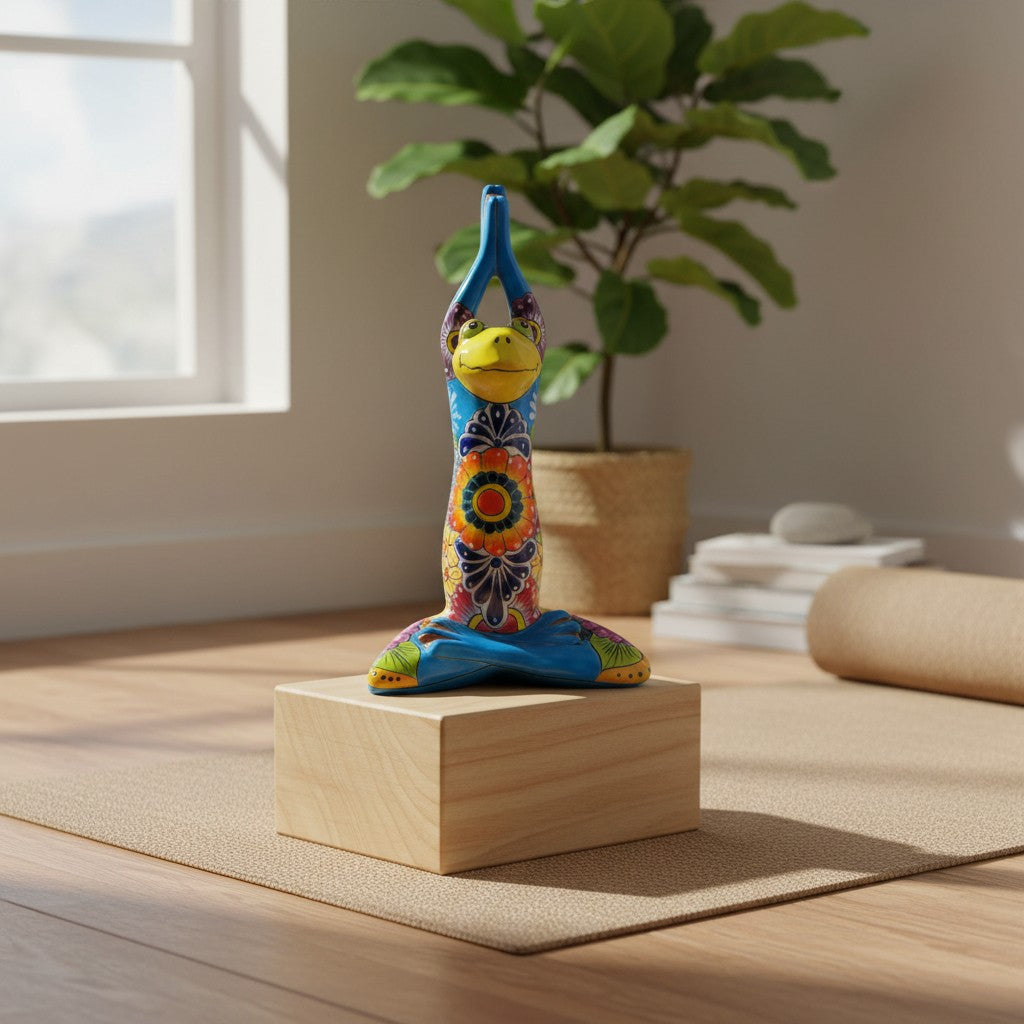 Colorful Hand Painted Talavera Frog Statue | Large Mexican Art Decor