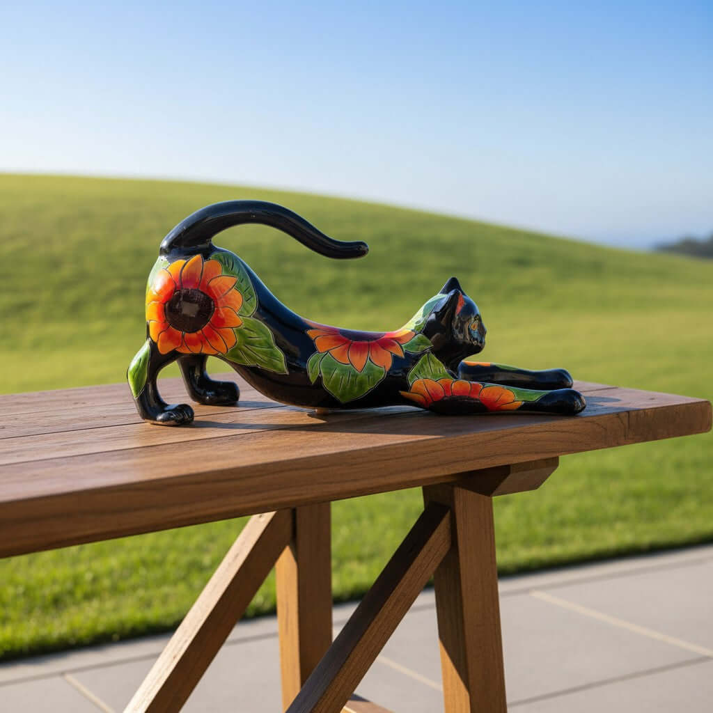Talavera Stretching Cat Statue | Hand-Painted Sunflower Design
