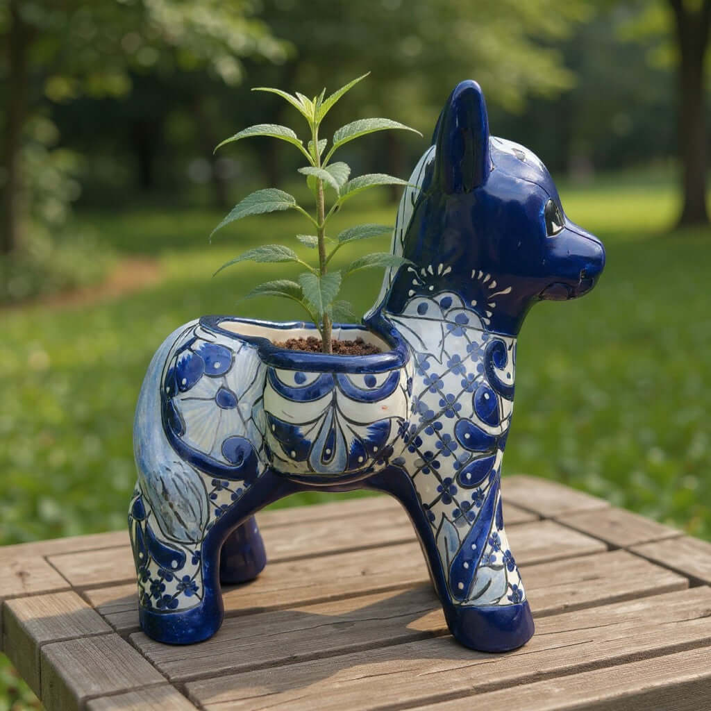 Blue & White Talavera Burro Planter | Handcrafted Mexican Donkey