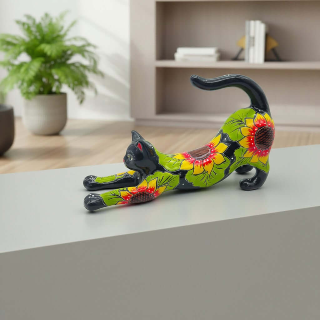 Talavera Stretching Cat Statue | Hand-Painted Sunflower Design