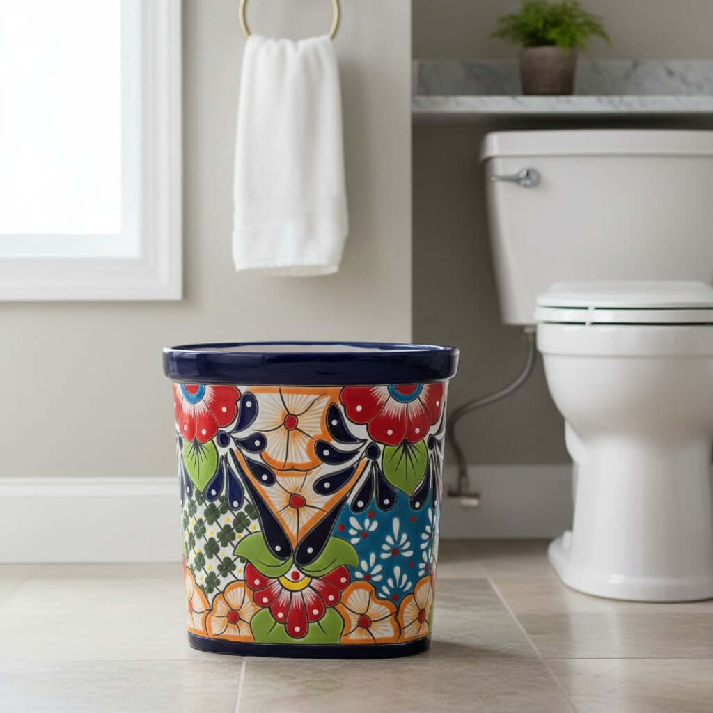 Colorful Talavera Trash Can | Handmade Mexican Waste Bin