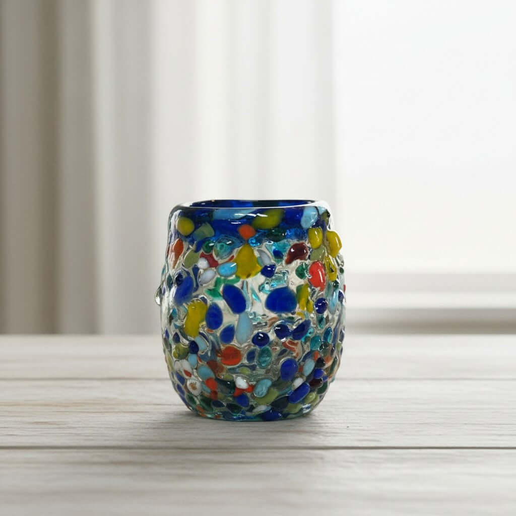 Confetti Rimmed Shot Glass | Hand-Blown Mexican Glassware with Blue Rim