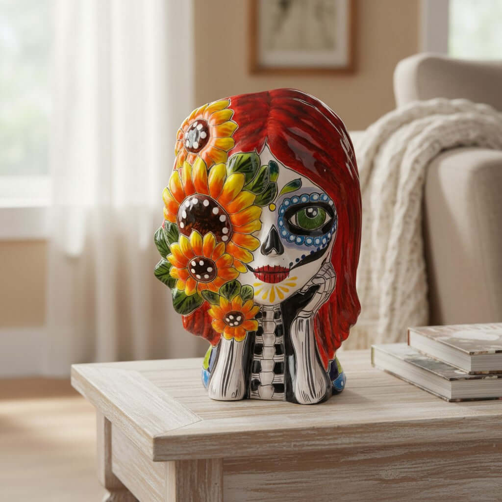 Talavera Sunflower Skull Planter | Handcrafted Day of the Dead Pot