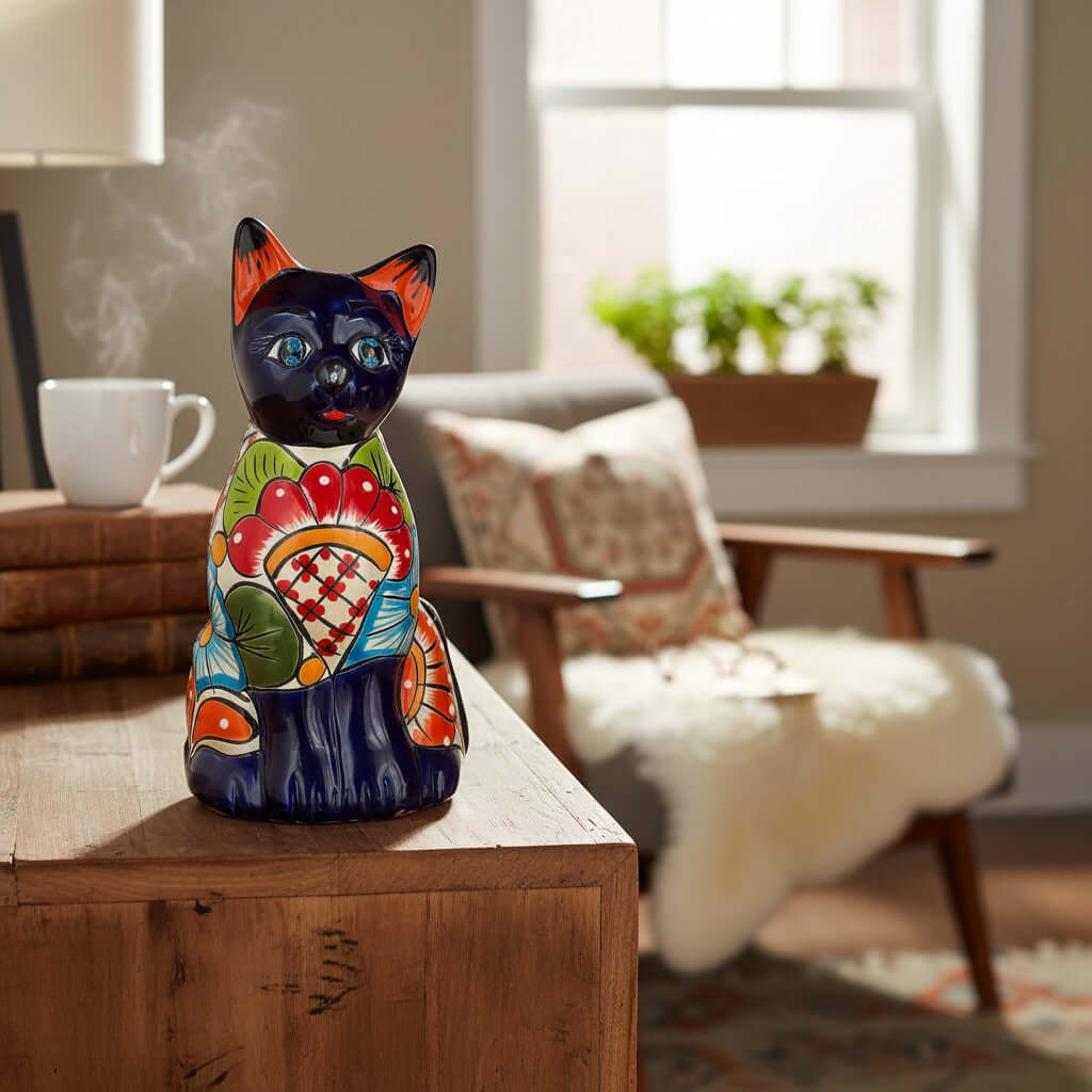 Colorful Hand-Painted Talavera Cat Statue | Mexican Folk Art Decor