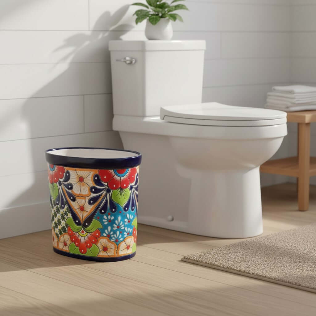 Colorful Talavera Trash Can | Handmade Mexican Waste Bin