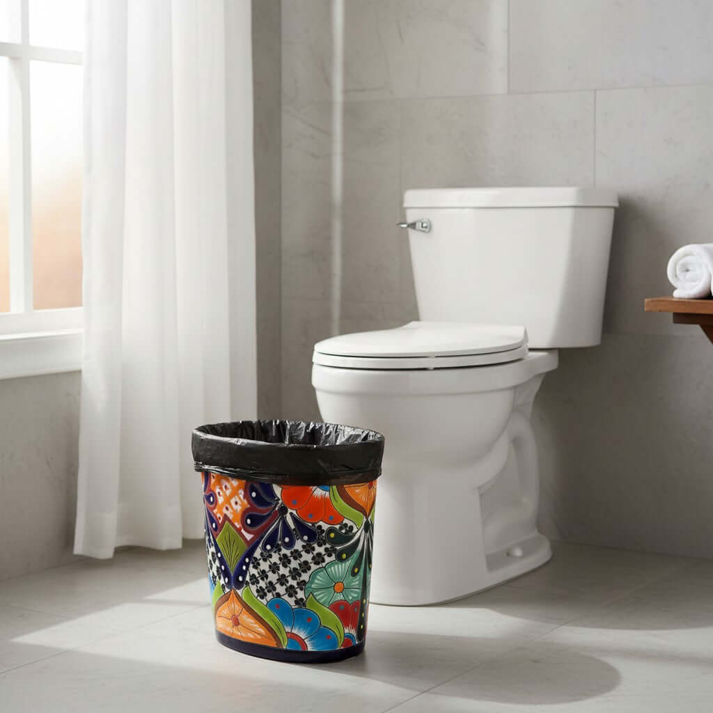 Colorful Talavera Trash Can | Handmade Mexican Waste Bin