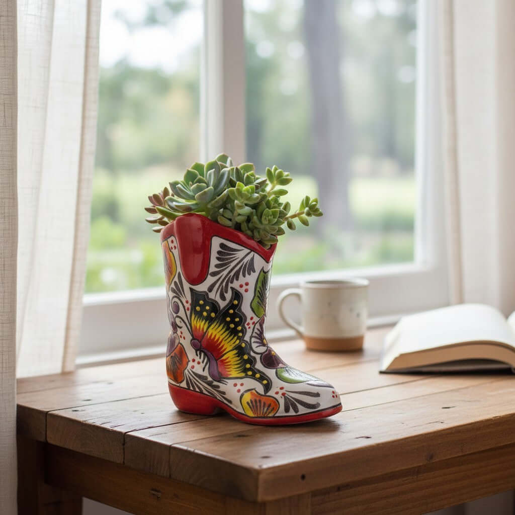 Hand-Painted Talavera Mexican Boot Flower Pot | Colorful Small Talavera Planter
