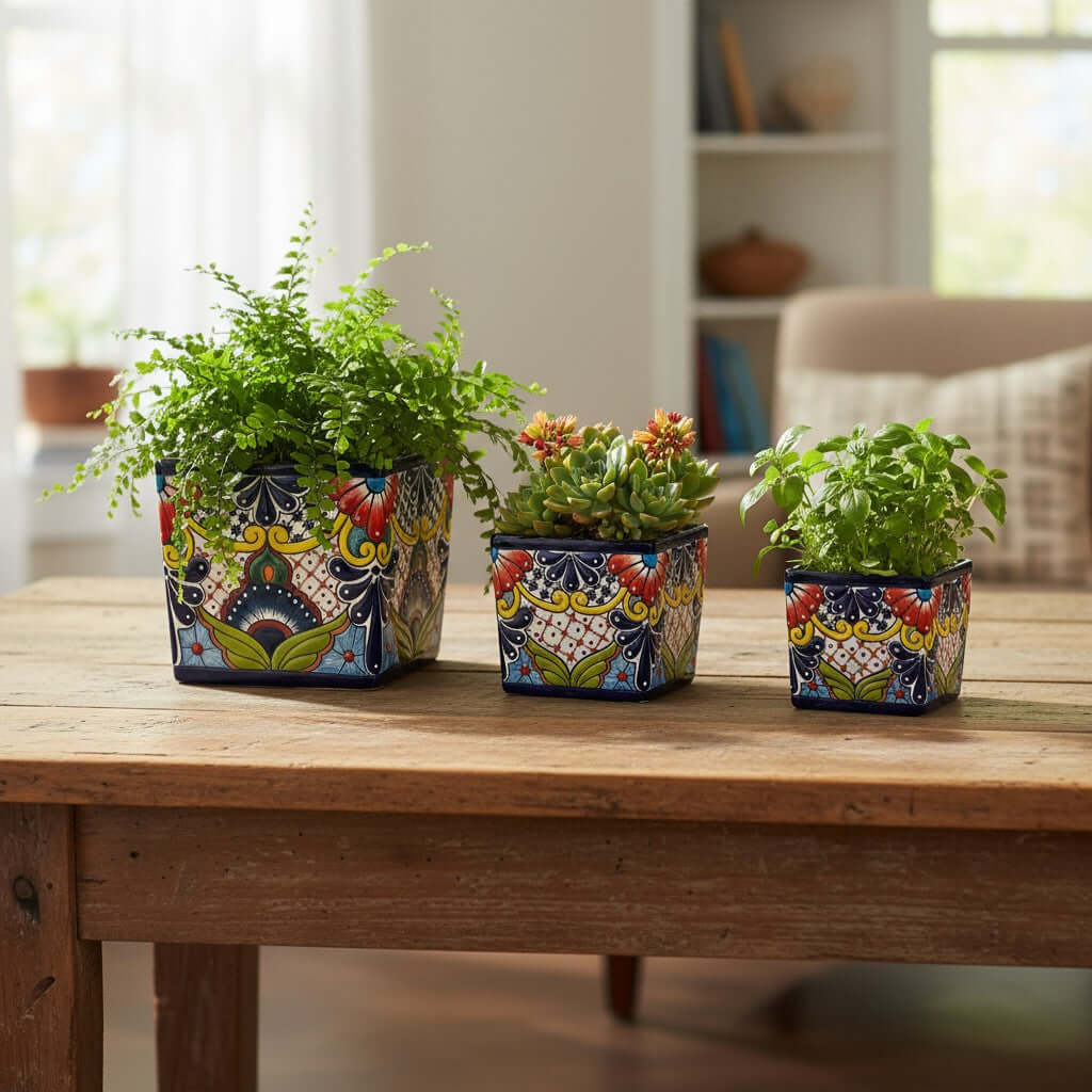 Set of 3 Hand-Painted Talavera Square Planters Set | Colorful Floral Pots
